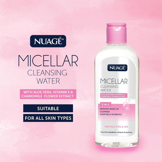 Generic micellar water pouring onto cloth close-up demonstrating gentle hydration