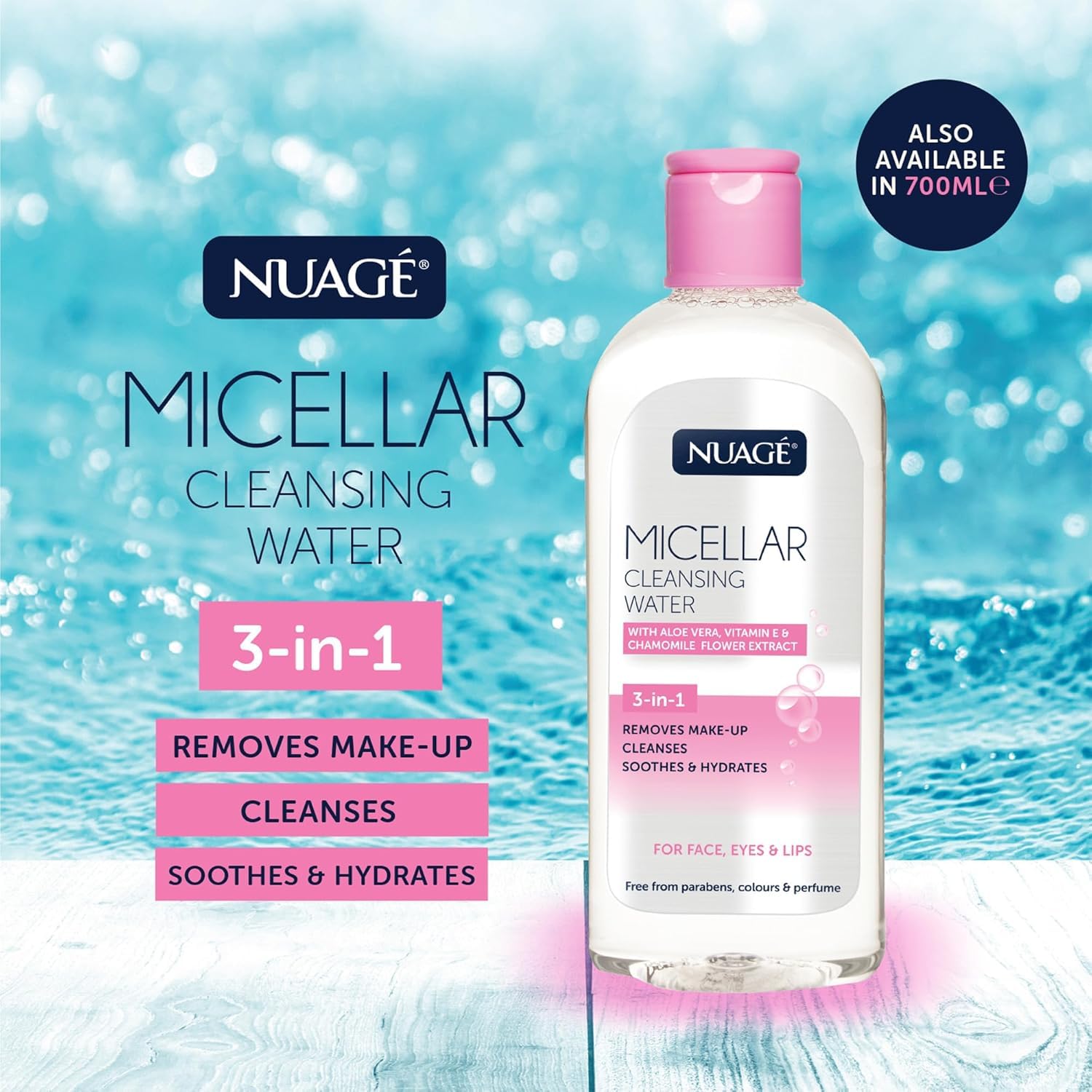 Generic micellar water size comparison with hand illustrating generous 700mL supply