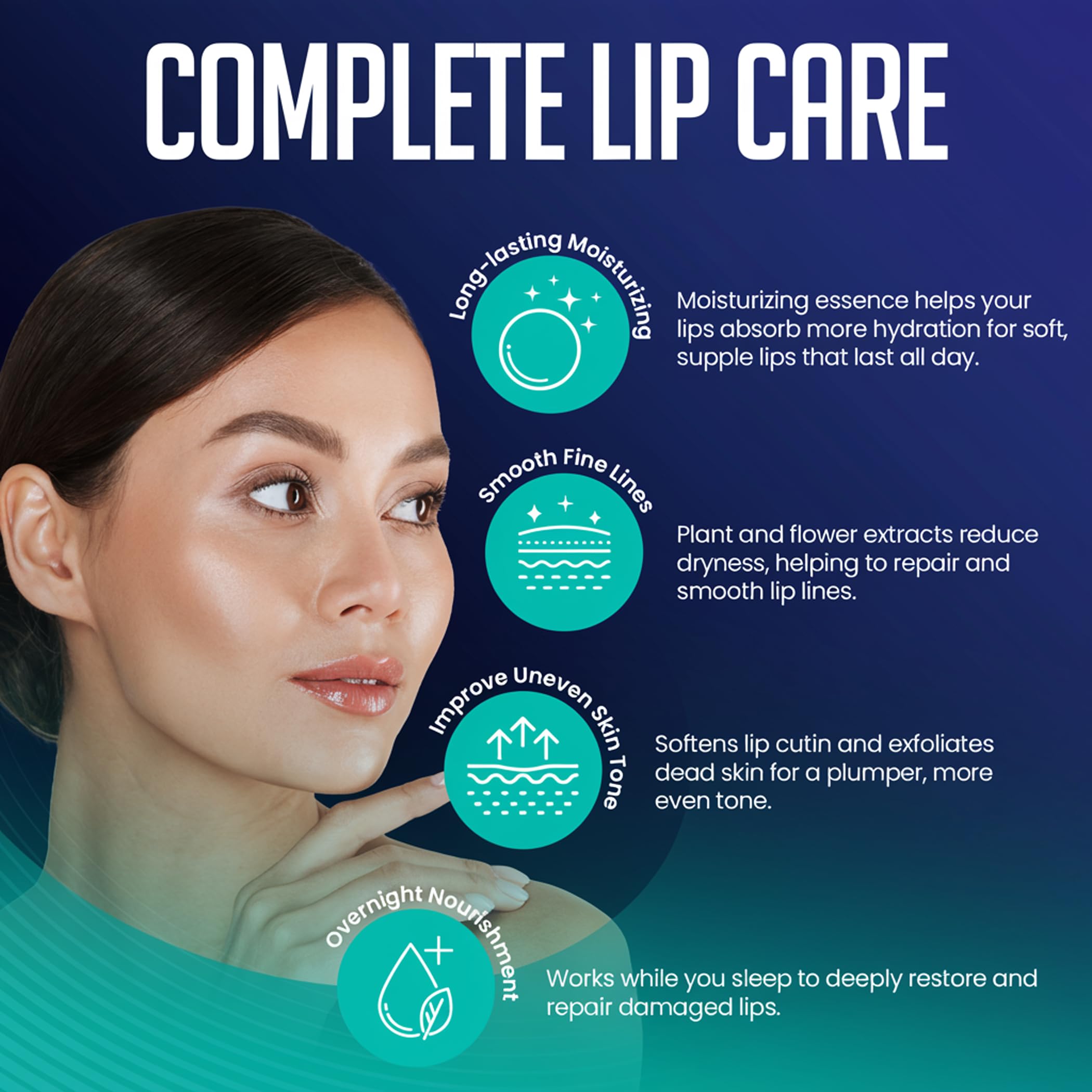 Generic night-time lip care routine image shows secure fit around lips during sleep.