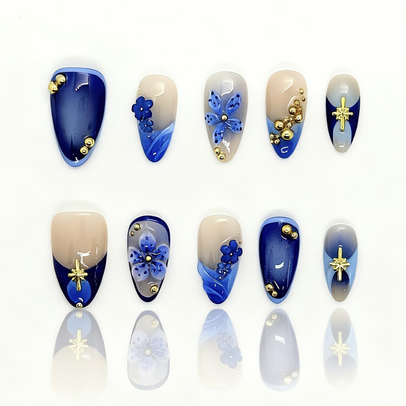 Generic press-on nails with green gradient and 3D florals for chic daily style.