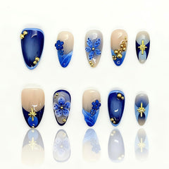 Generic press-on nails with green gradient and 3D florals for chic daily style.
