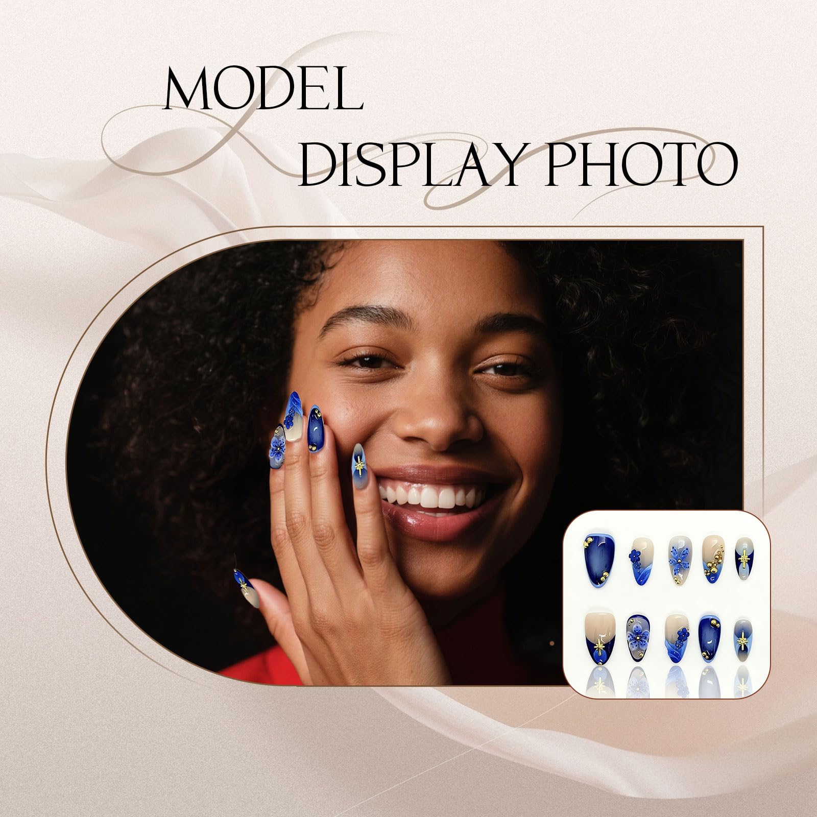 Generic press-on nails close-up: short almond shape and smooth finish.