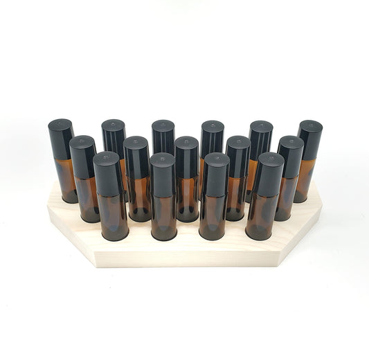 Generic rollerball bottle display rack with natural pine finish, neatly organized 15-hole layout for 10 ml bottles.