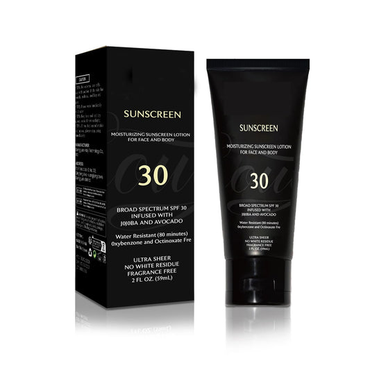 Generic Sunscreen bottle on melanin-rich skin showing SPF 30 protection