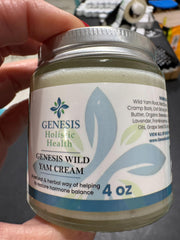 Genesis Wild Yam Root Cream ingredient close-up featuring wild yam, chaste tree berry, red clover.