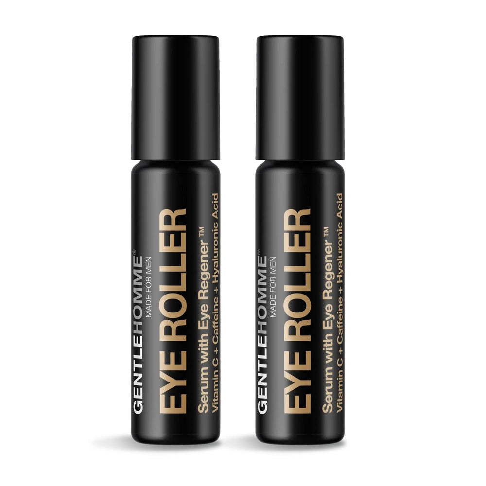 Gentlehomme eye roller serum application demonstrating refreshing under-eye massage