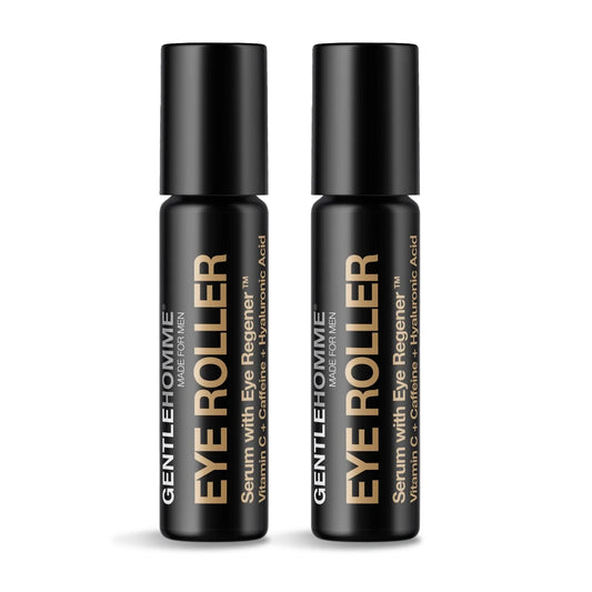 Gentlehomme eye roller serum application demonstrating refreshing under-eye massage