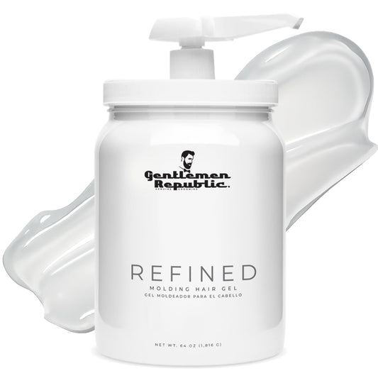 Gentlemen Republic 64oz pump bottle shown for mess-free, precise styling.