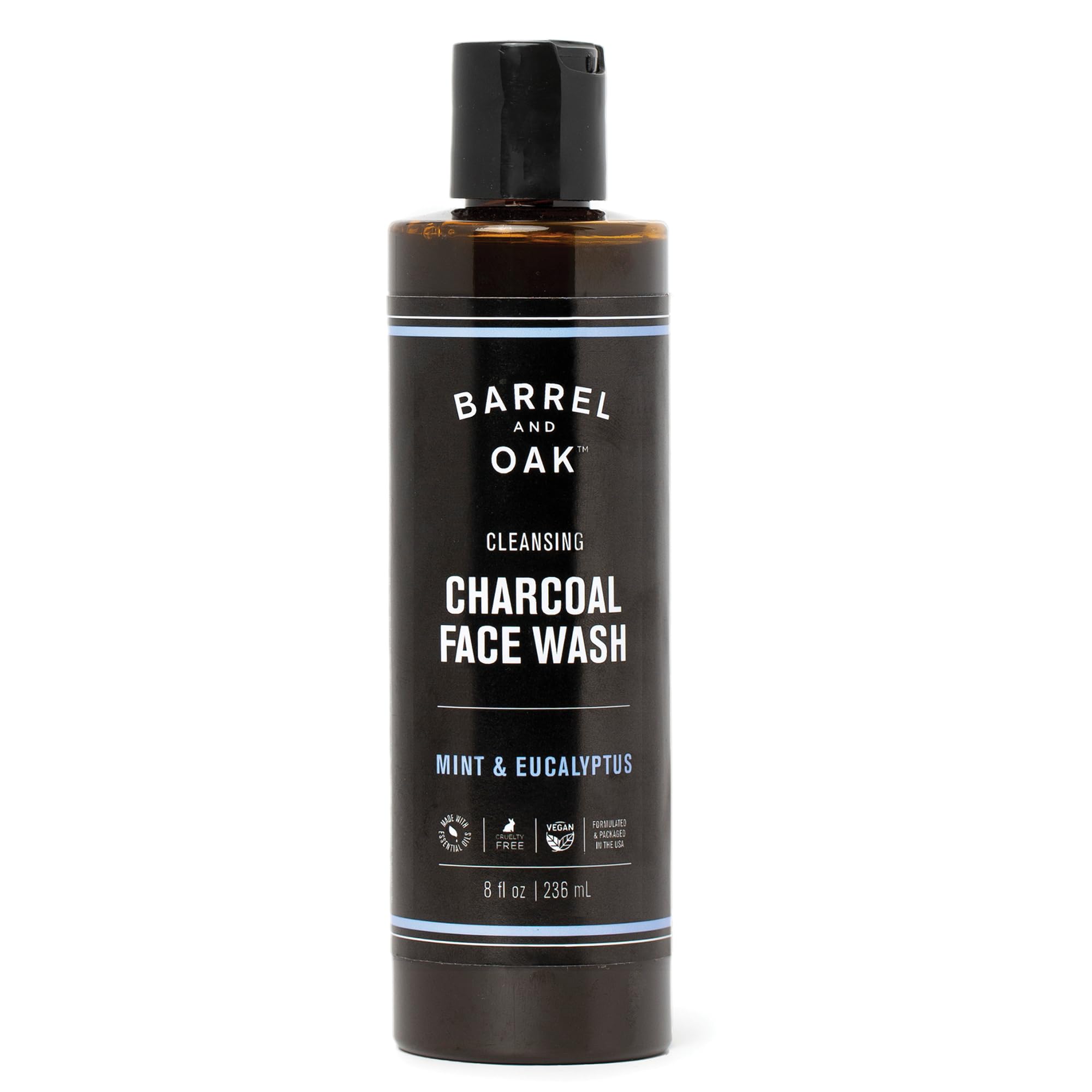 Gentlemen's Hardware Barrel and Oak charcoal cleanser bottle highlights oil-absorbent action.