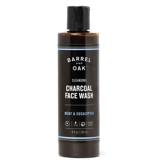 Gentlemen's Hardware Barrel and Oak charcoal cleanser bottle highlights oil-absorbent action.