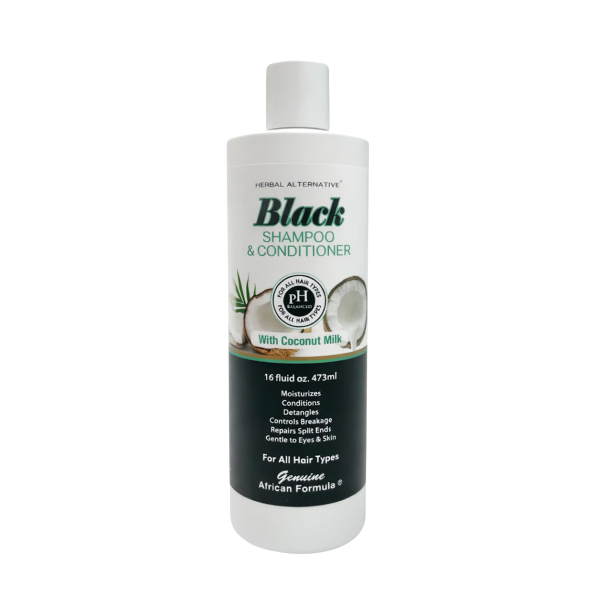 Genuine African Formula Black Shampoo bottle front showing coconut milk for moisture