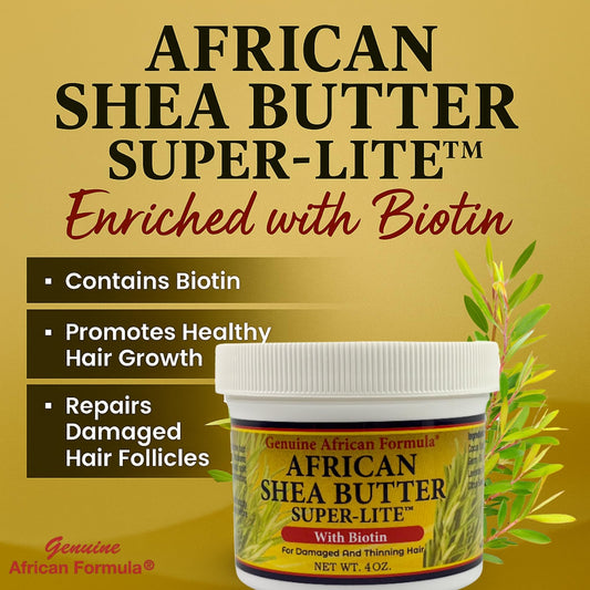 Genuine African Formula Shea Butter Super-Lite hands applying lightweight hydration to dry strands.