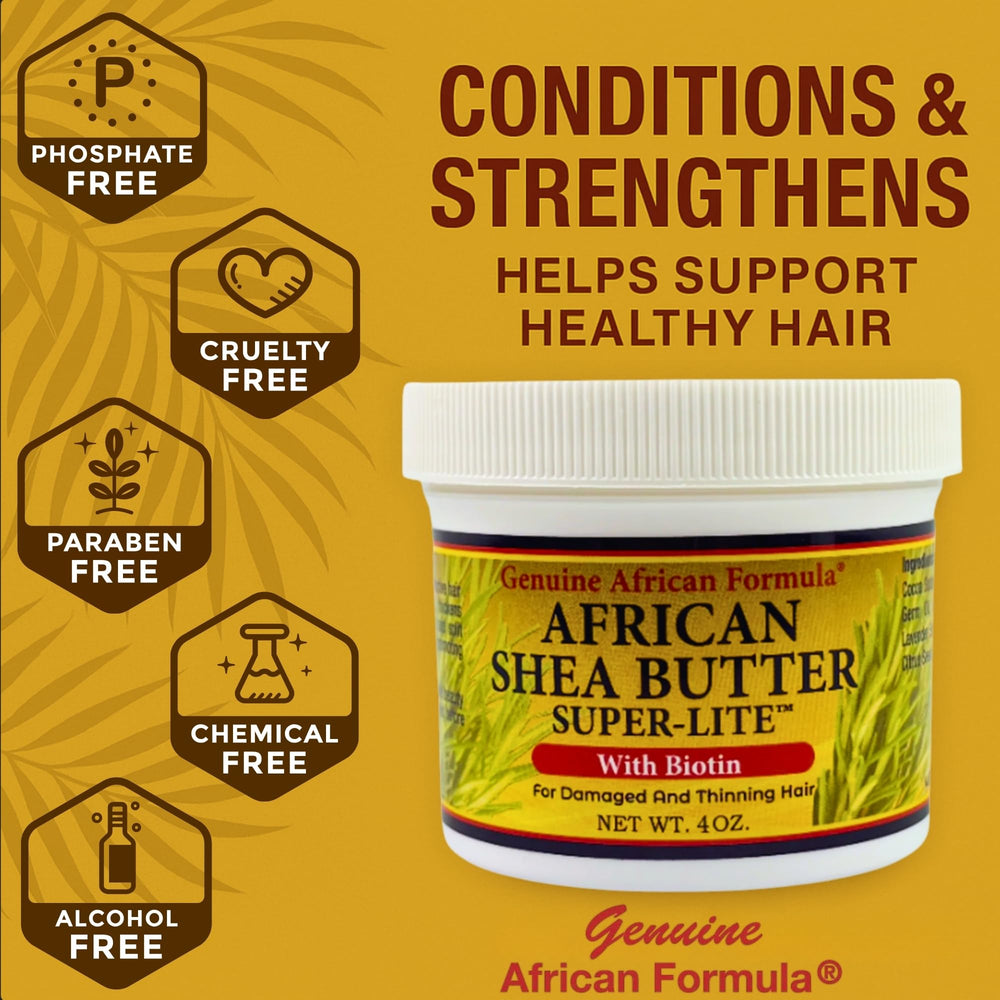 Genuine African Formula Shea Butter Super-Lite ingredients closeup with cocoa and olive oils.