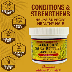 Genuine African Formula Shea Butter Super-Lite ingredients closeup with cocoa and olive oils.
