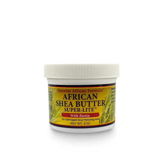 Genuine African Formula Shea Butter Super-Lite jar front showing lightweight moisture for all hair types.