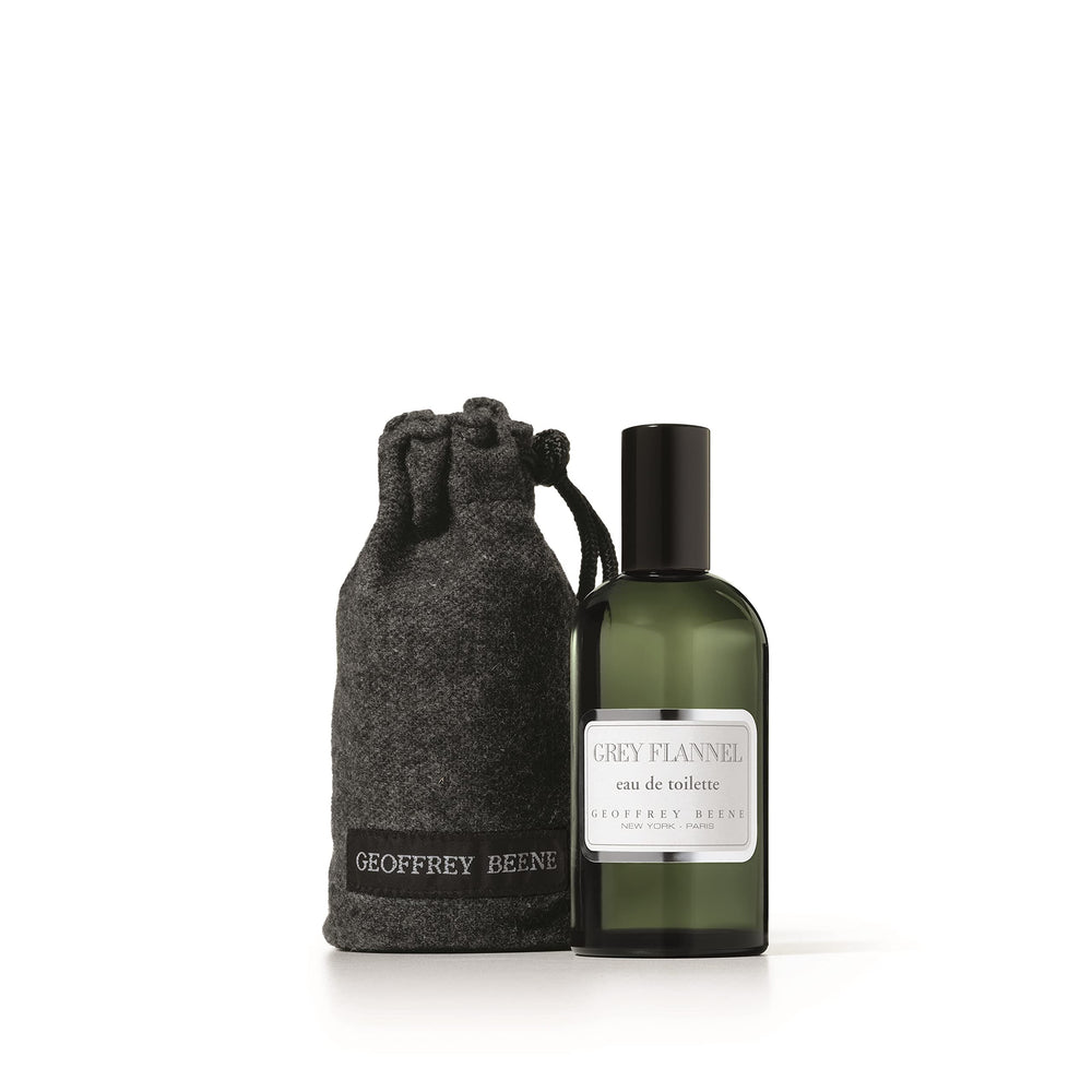 Geoffrey Beene Grey Flannel bottle side view highlighting elegant design.