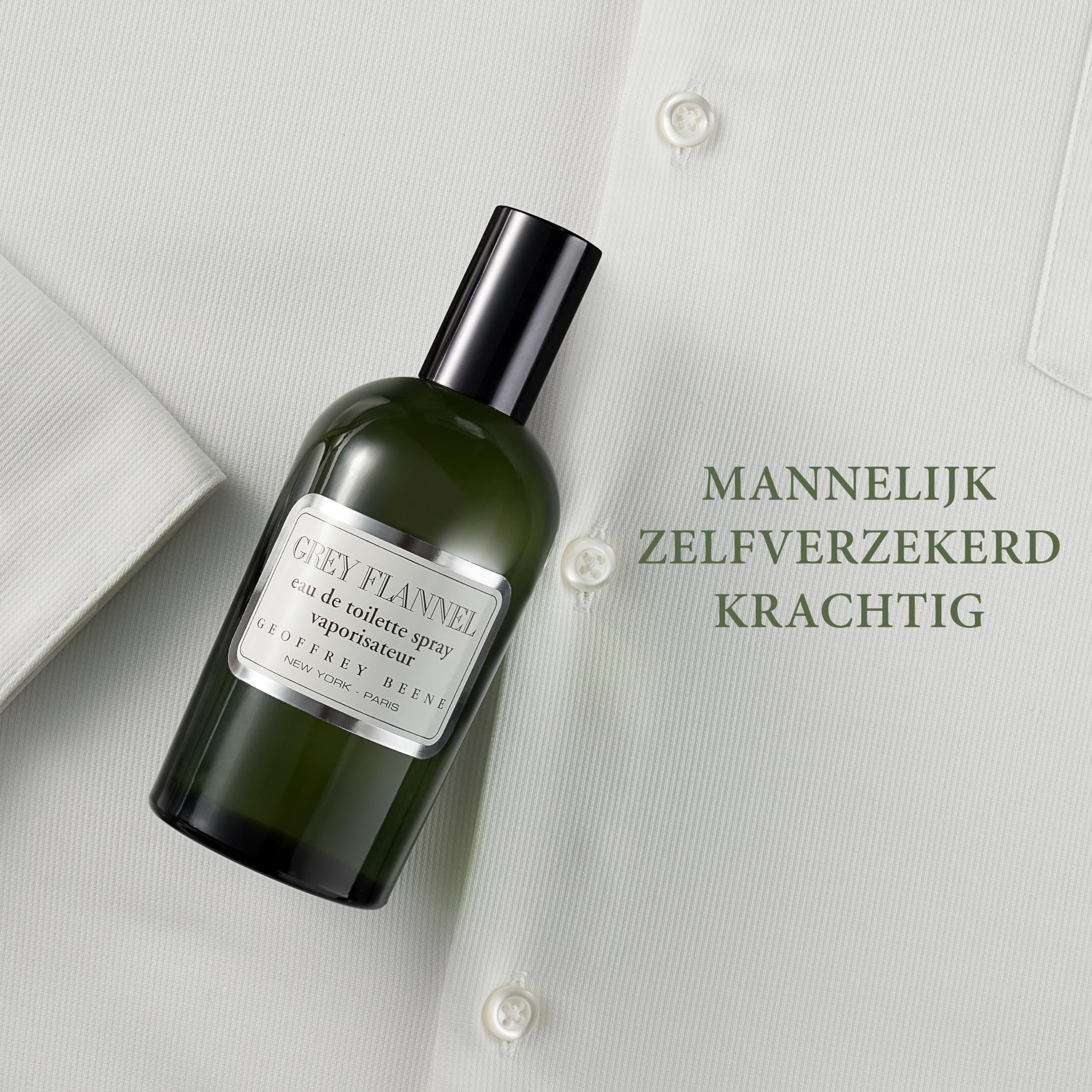 Geoffrey Beene Grey Flannel EDP bottle ready for display and gifting.