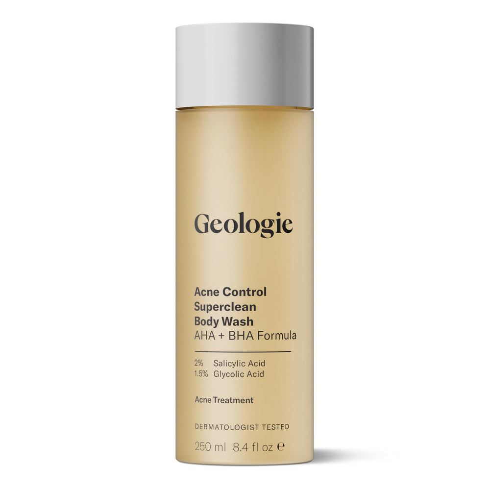 Geologie Acne Control Body Wash bottle top ofrece limpieza sin aroma para espalda y pecho.