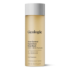 Geologie Acne Control Body Wash bottle top ofrece limpieza sin aroma para espalda y pecho.