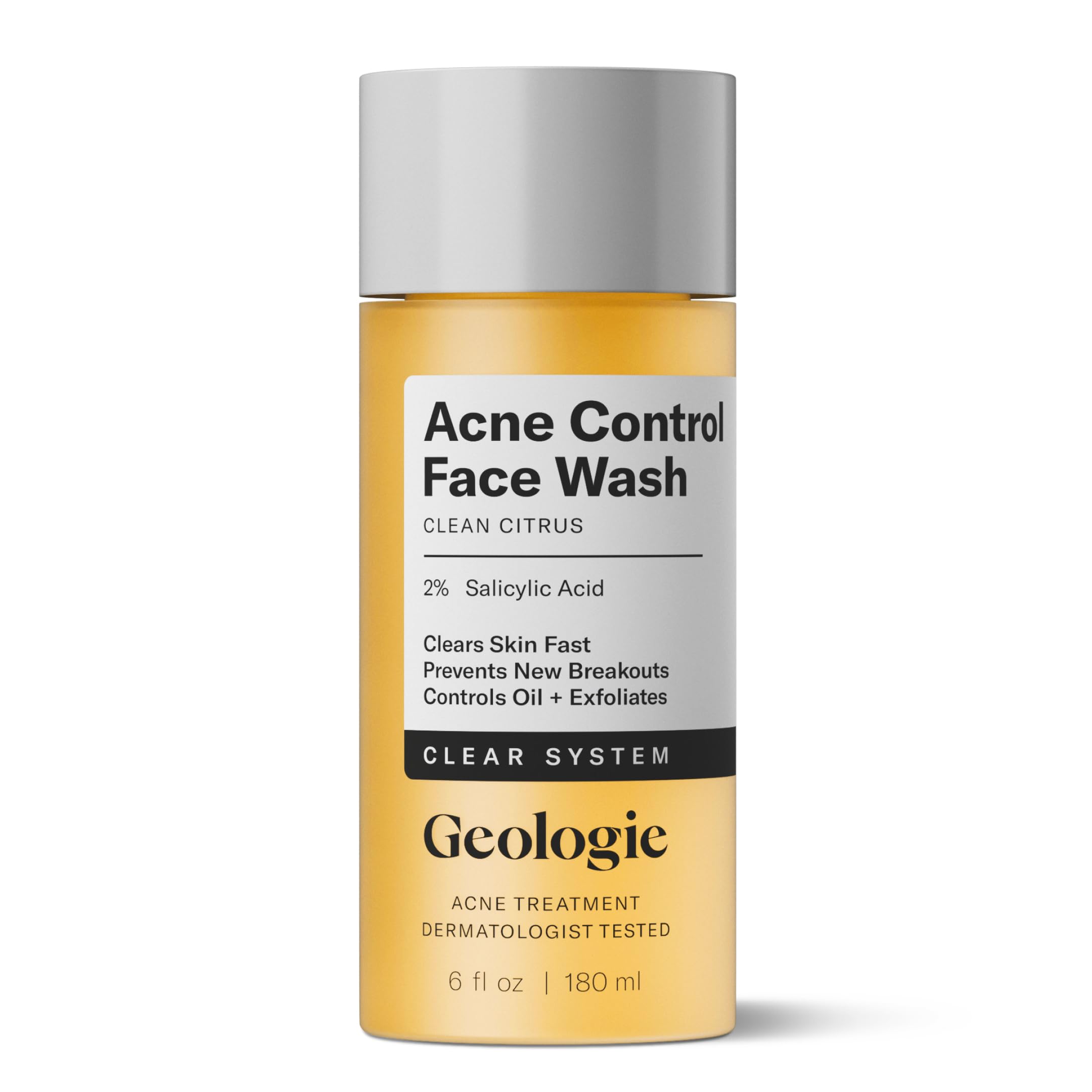 Geologie Acne Control Face Wash bottle cap detail for easy dosing and travel