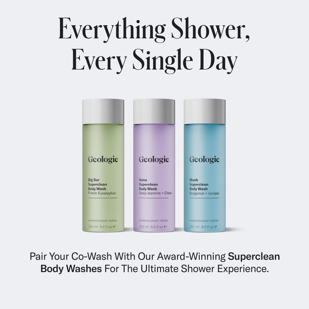 Geologie Cooling Co-Wash offers 4-in-1 benefits for cleanse, condition, mask, and serum.