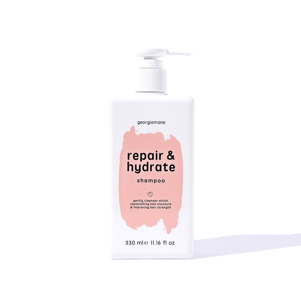 Georgiemane Repair and Hydrate Shampoo bottle displays color-safe nourishment.