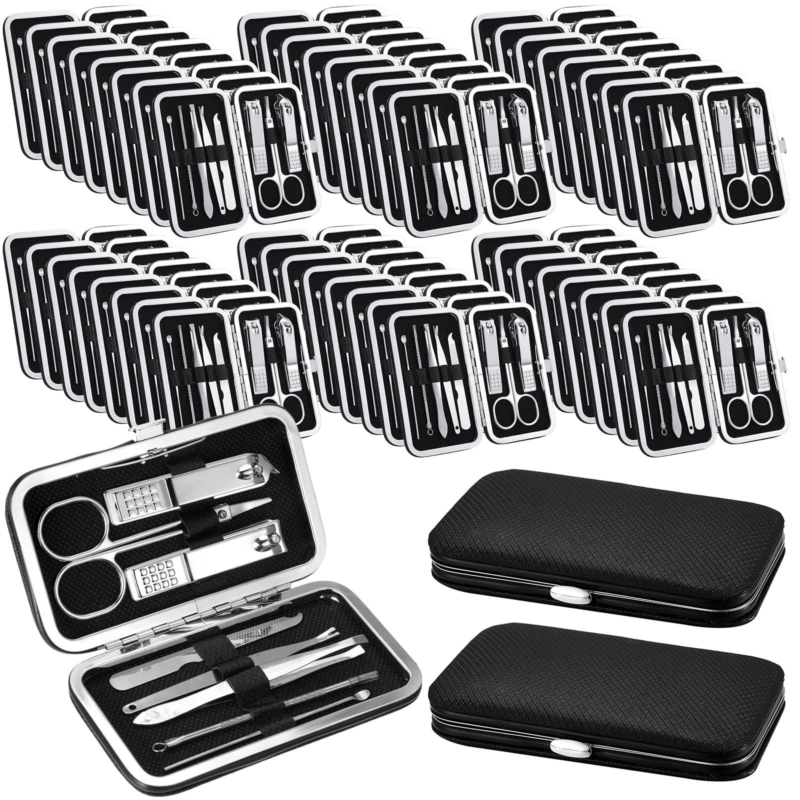 Geosar travel manicure kit case with eight tools arranged for on-the-go grooming.