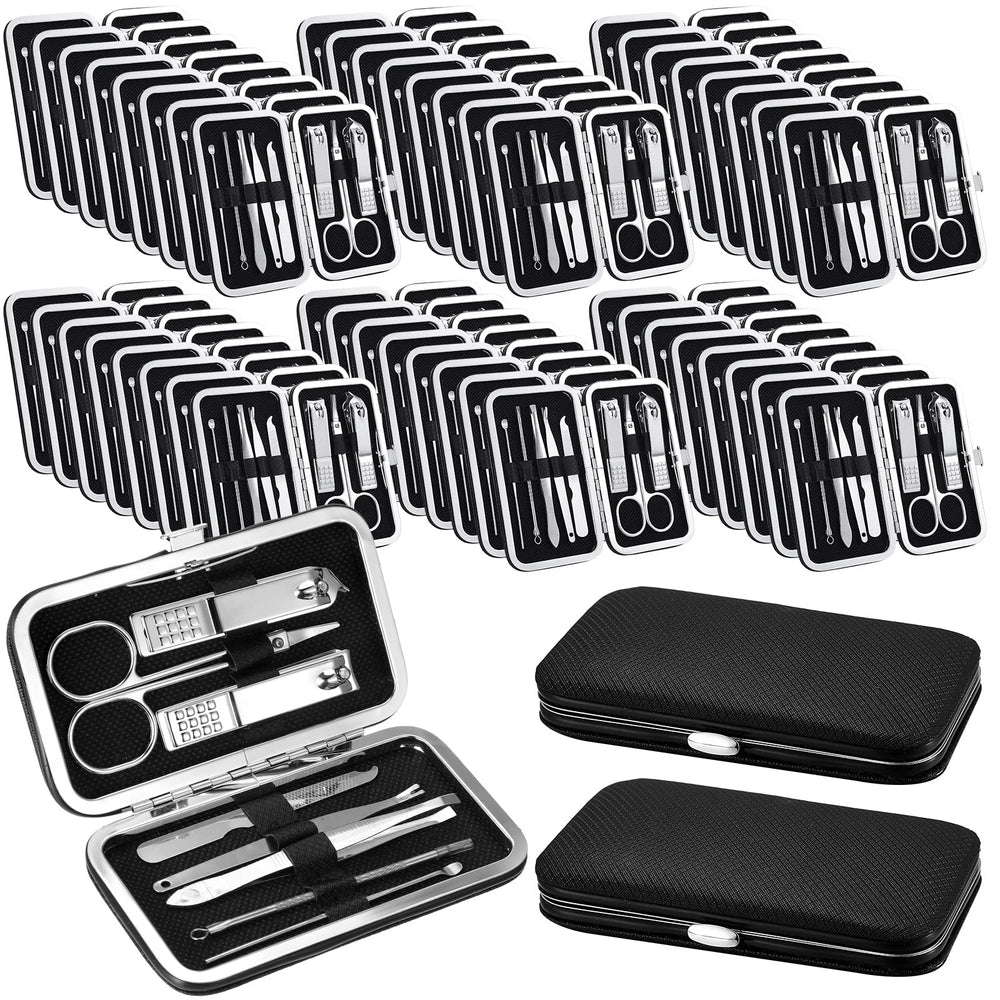 Geosar travel manicure kit case with eight tools arranged for on-the-go grooming.