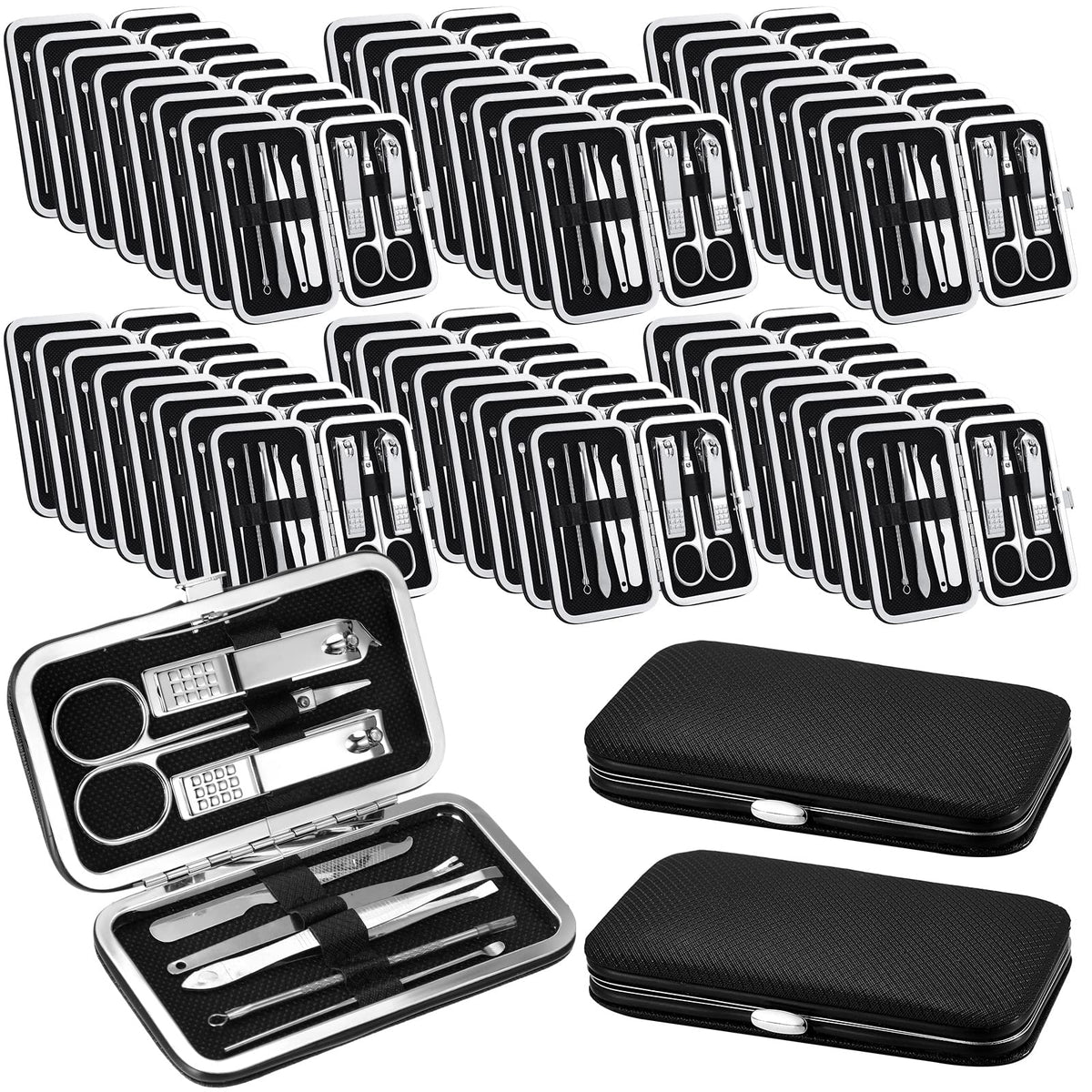 Geosar travel manicure kit case with eight tools arranged for on-the-go grooming.