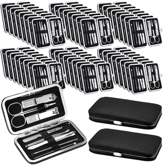 Geosar travel manicure kit case with eight tools arranged for on-the-go grooming.