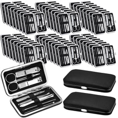 Geosar travel manicure kit case with eight tools arranged for on-the-go grooming.