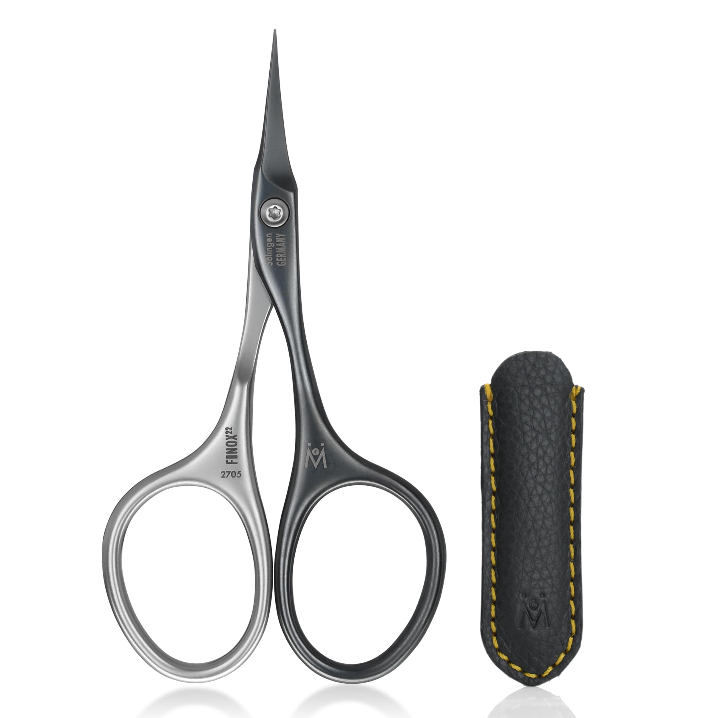 GERMANIKURE Tower Point Cuticle Scissors in leather case for precise cuticle care.