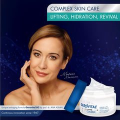 Gerovital Classic Moisturizing Lifting Cream jar emphasizes rich texture for firming feel.