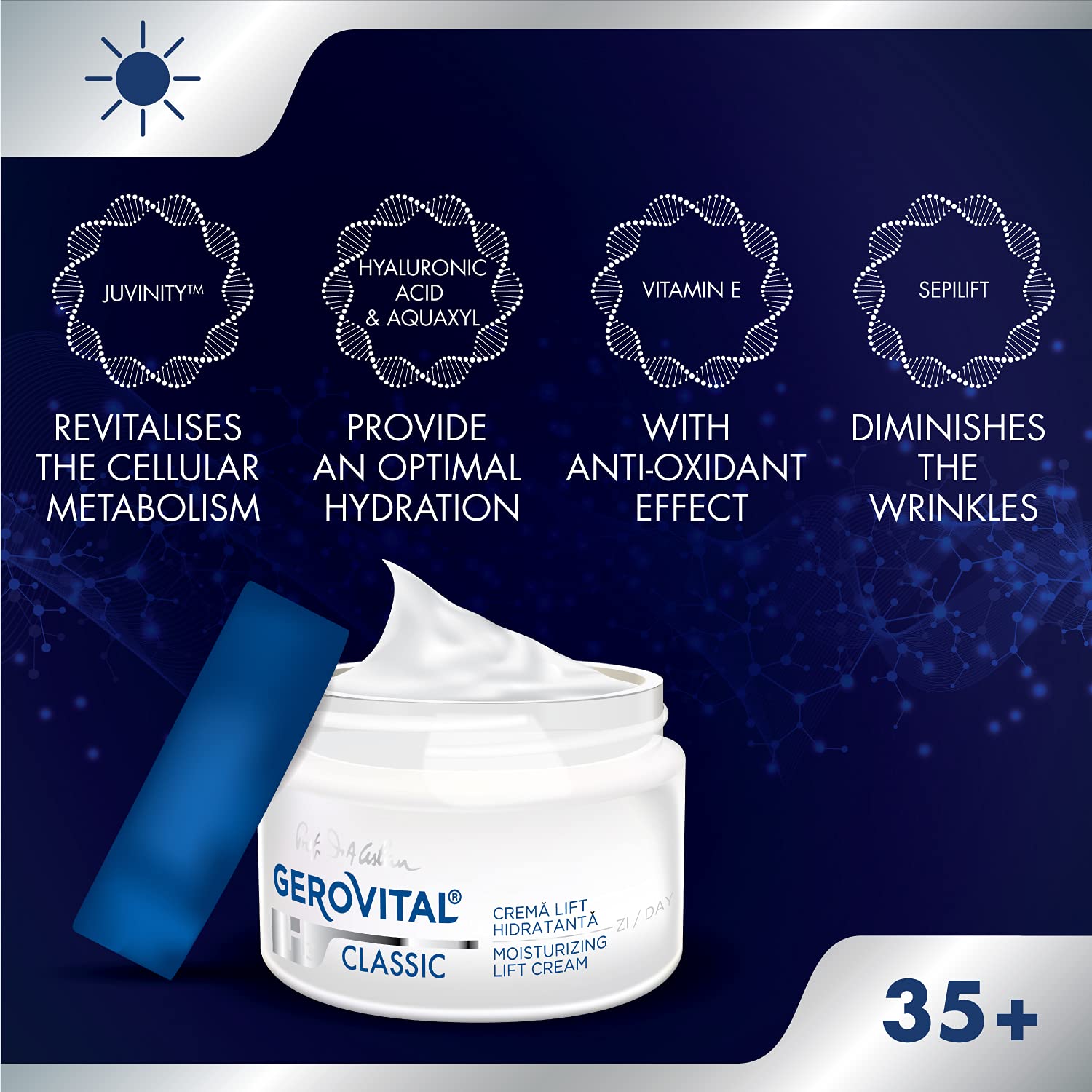 Packaging of Gerovital Classic Moisturizing Lifting Cream highlights premium branding.