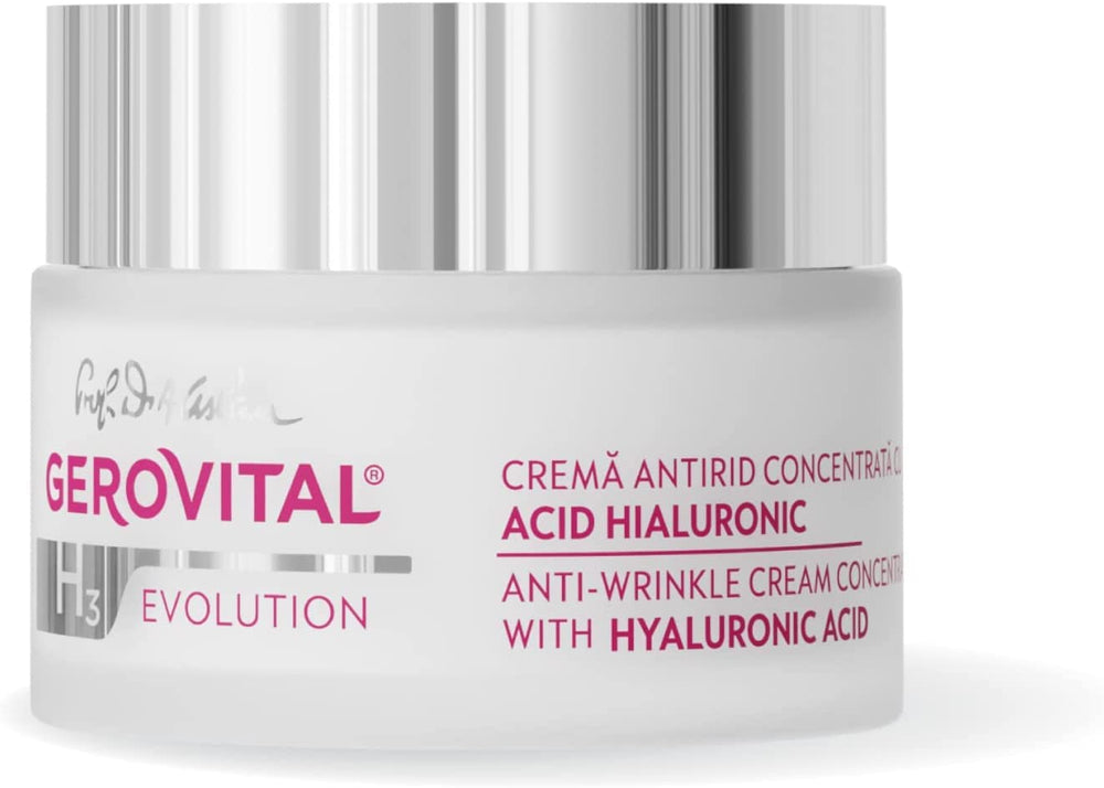 Gerovital Evolution anti-wrinkle cream jar close-up showing rich hydration.