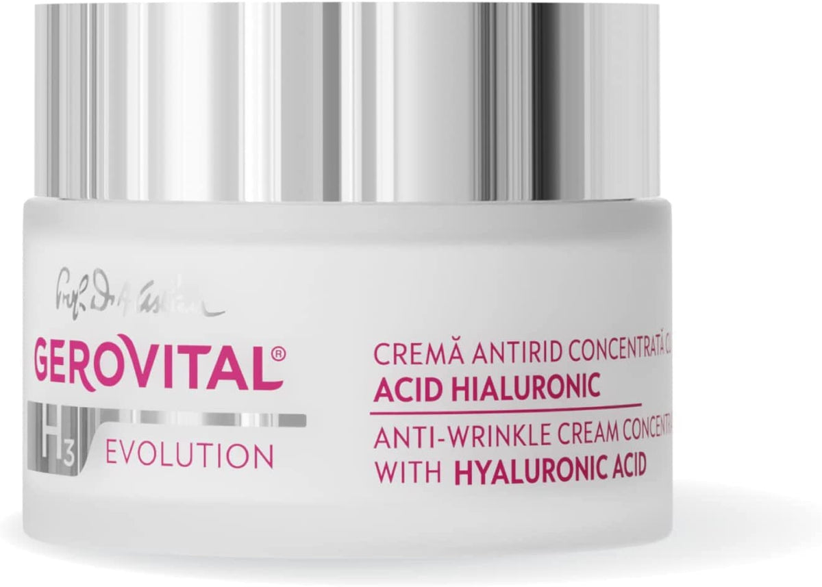 Gerovital Evolution anti-wrinkle cream jar close-up showing rich hydration.