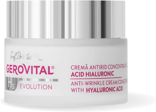 Gerovital Evolution anti-wrinkle cream jar close-up showing rich hydration.