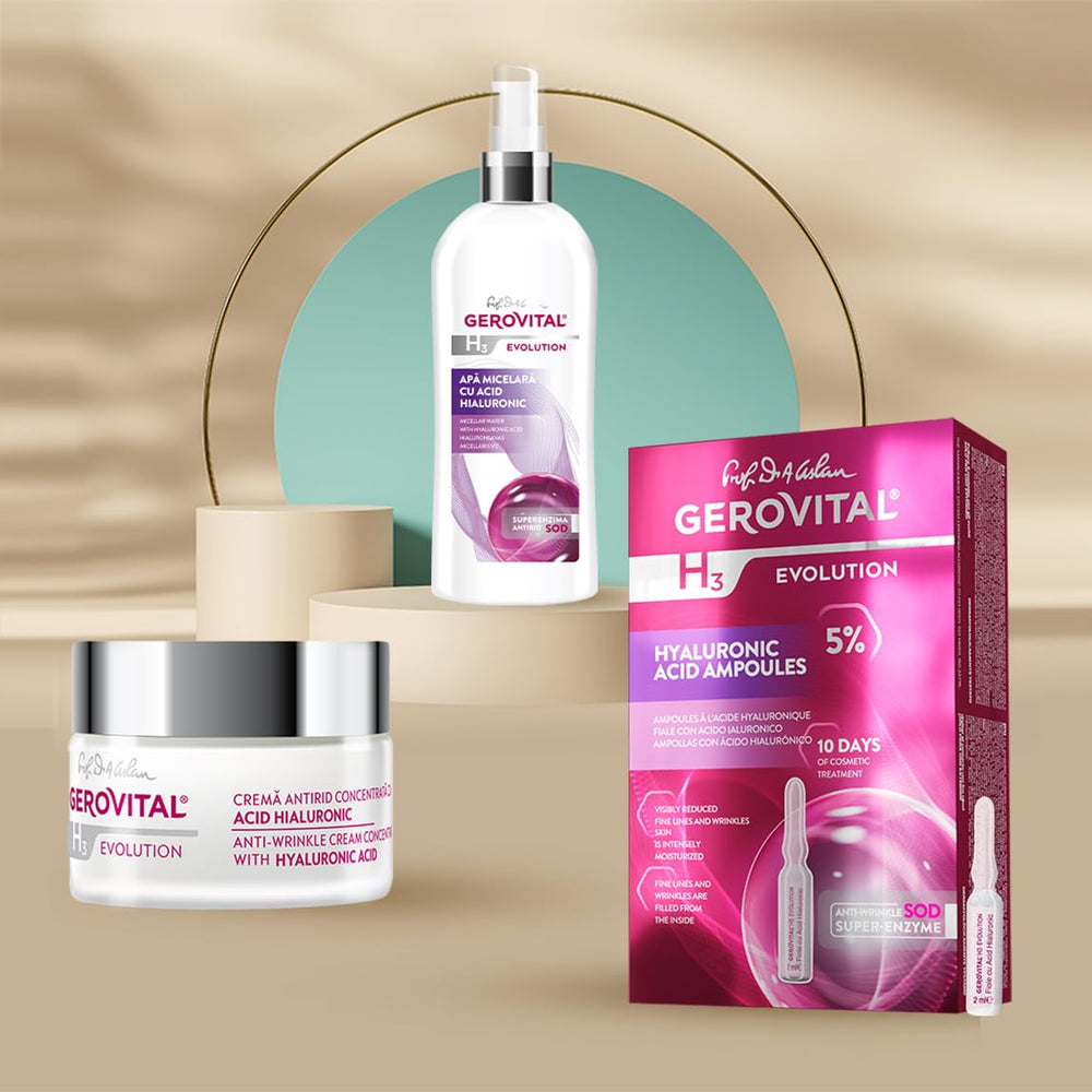 Gerovital Evolution packaging box showing premium branding and details.