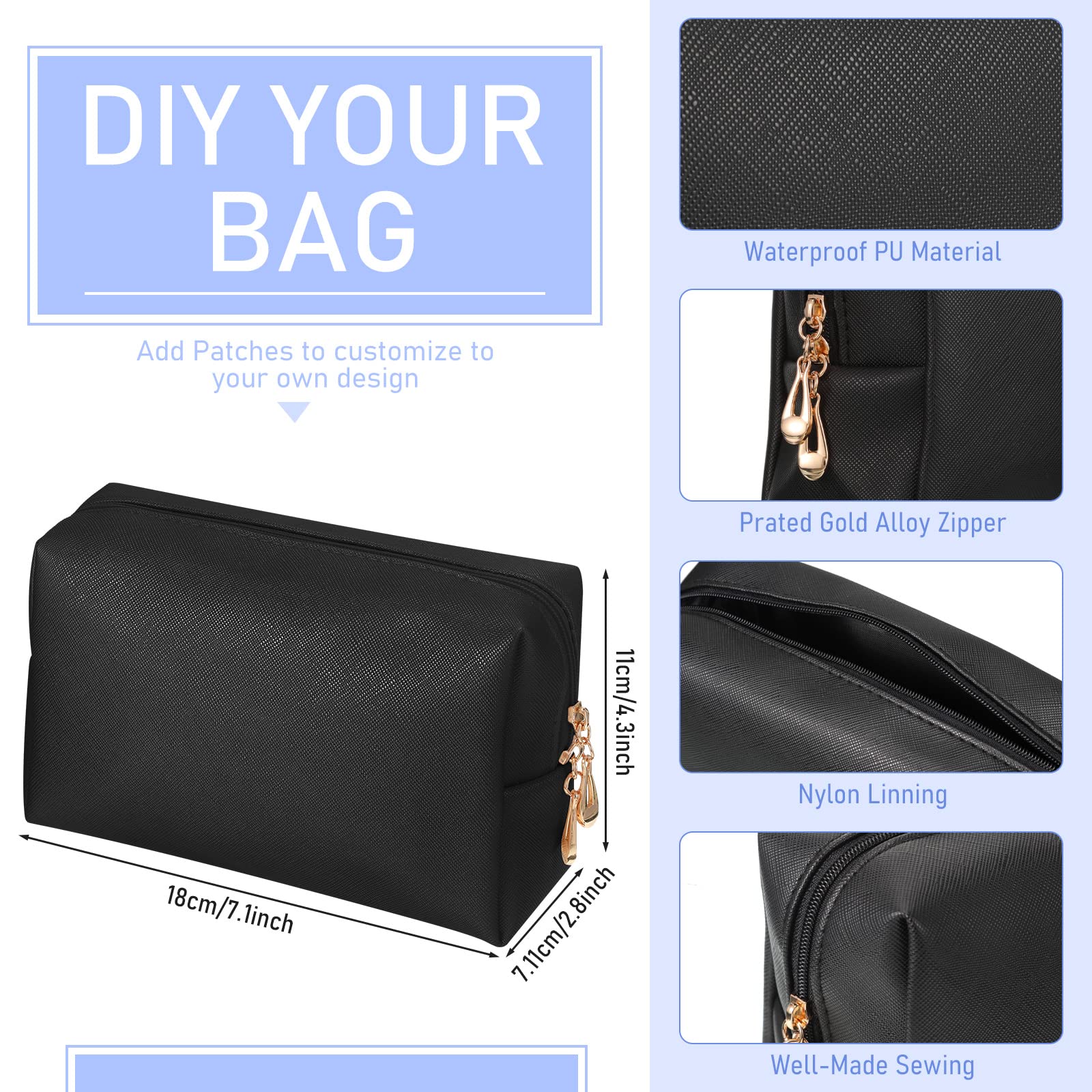 Gerrii Preppy Patch travel-size makeup bag fits easily in luggage.