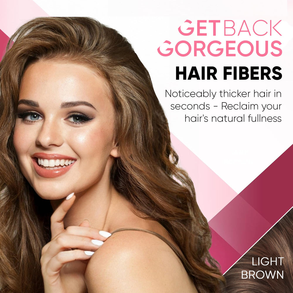Close-up of dispensing GBG Hair Fibers onto thinning hair