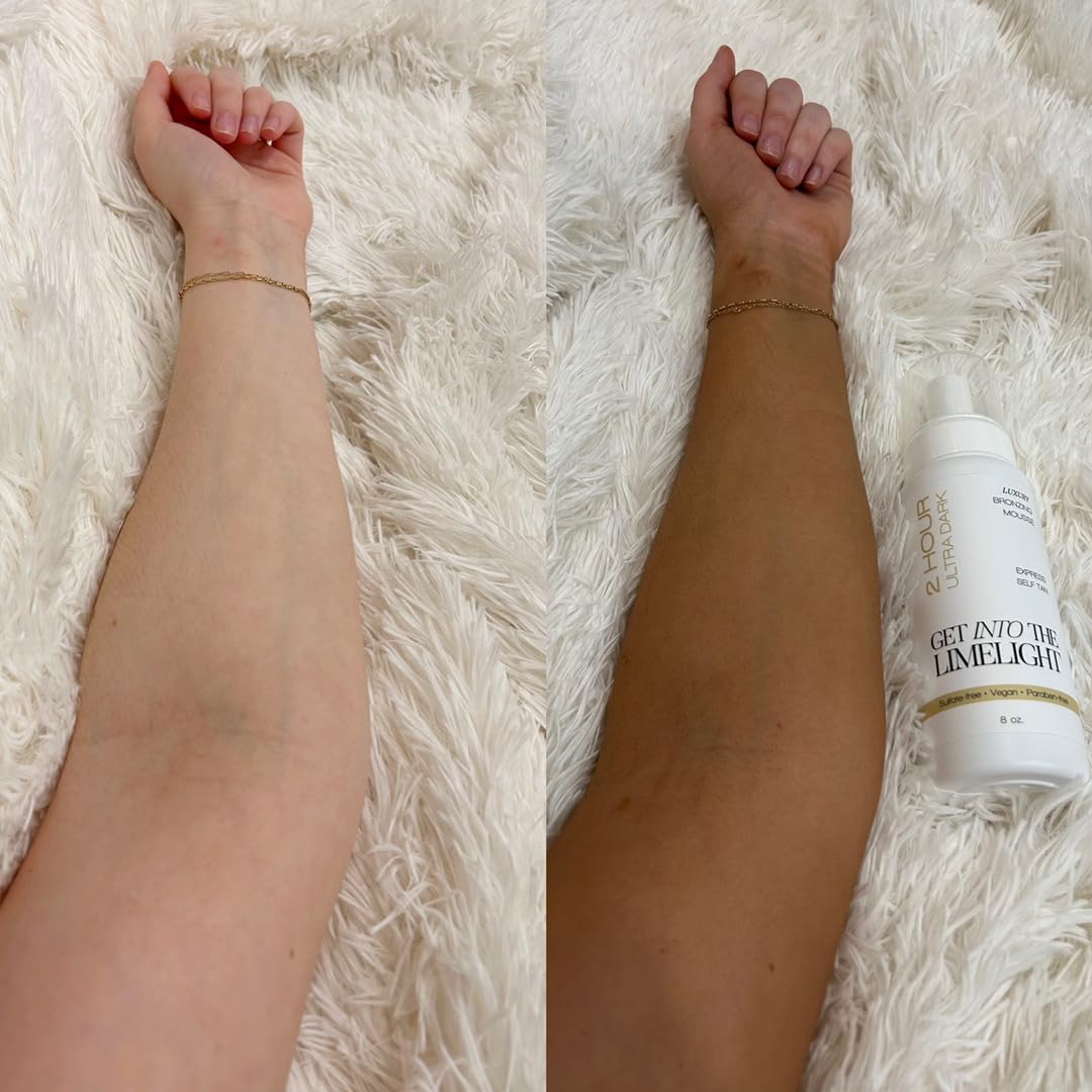 Get Into The Limelight 2 Hour Ultra Dark Mousse application smoothed evenly for natural-looking tan.