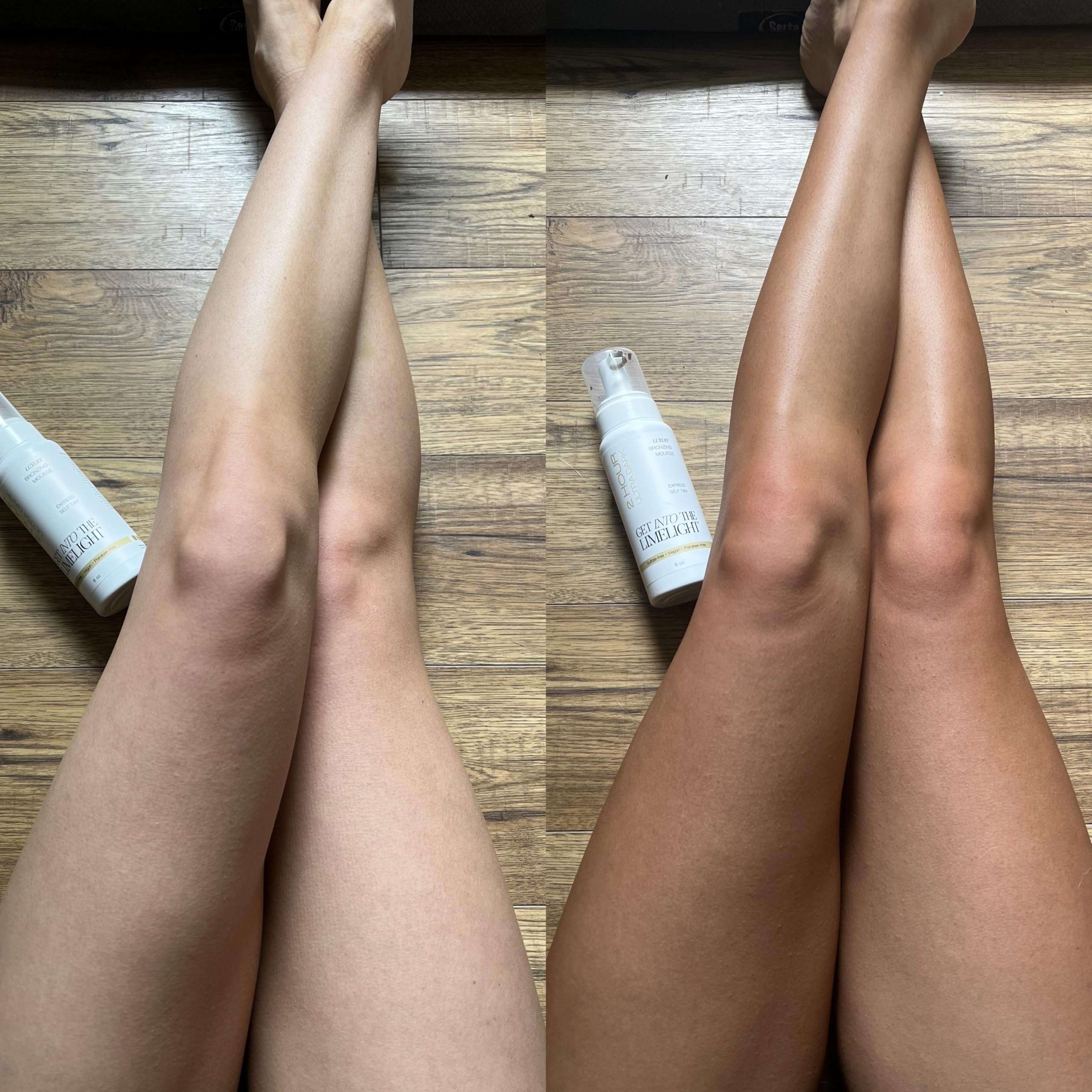 Get Into The Limelight 2 Hour Ultra Dark Mousse body application demonstrates smooth, full-body glow.
