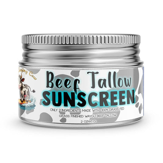 Get Wavy Organics Beef Tallow Sunscreen bottle showing mineral protection and simple application.