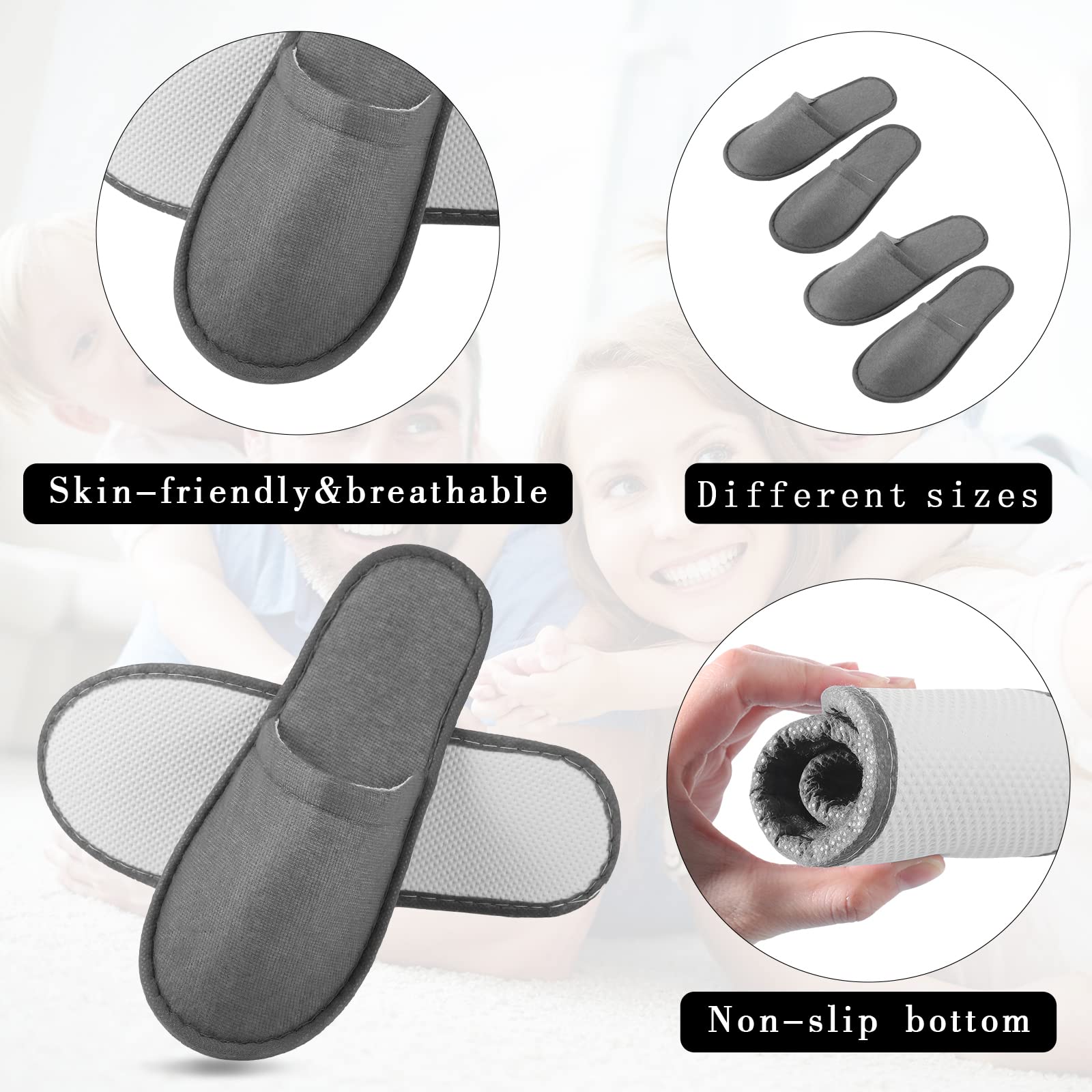 Individually wrapped packaging keeps slippers clean for travel or hotel guests.