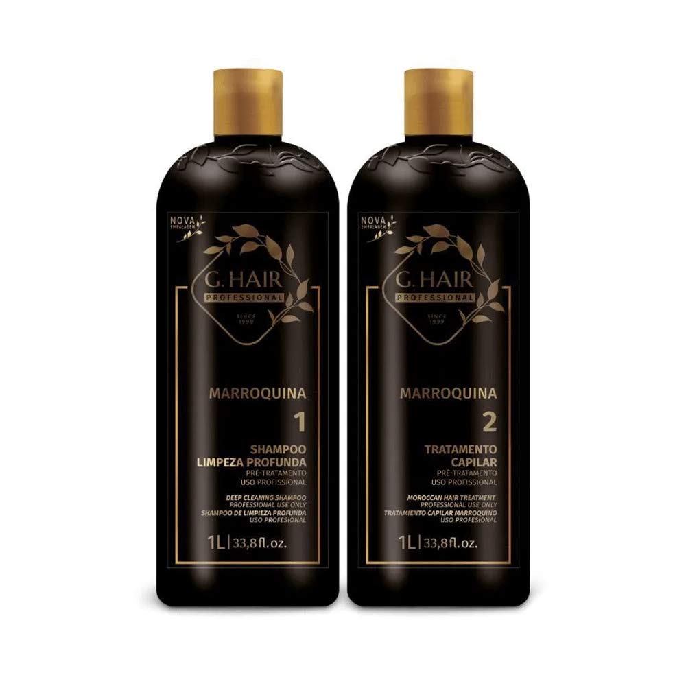 G.HAIR Moroccan Smoothing Keratin Kit packaging shows sleek bottles for long-lasting frizz control