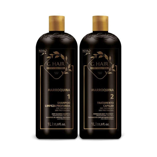 G.HAIR Moroccan Smoothing Keratin Kit packaging shows sleek bottles for long-lasting frizz control