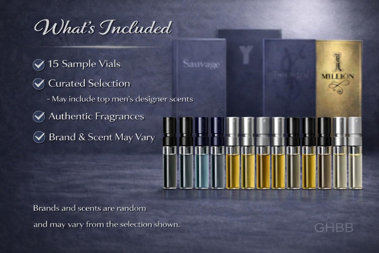 GHBB sampler box unboxing reveals premium designer fragrances in compact vials.