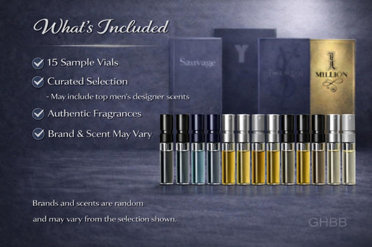 GHBB sampler box unboxing reveals premium designer fragrances in compact vials.