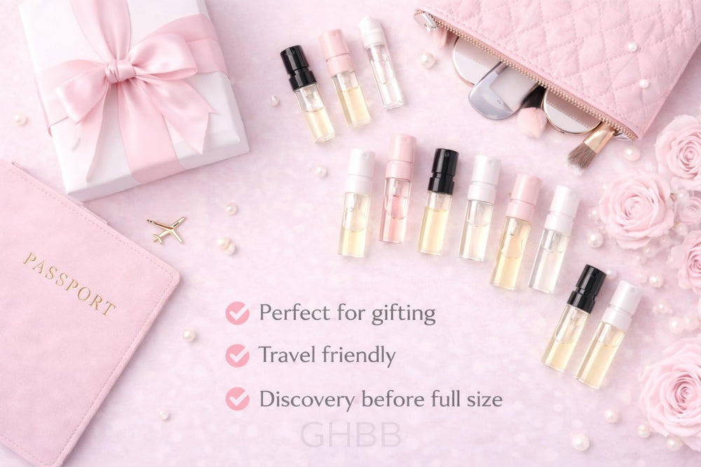 GHBB fragrance samples presented as elegant gifts or favors.