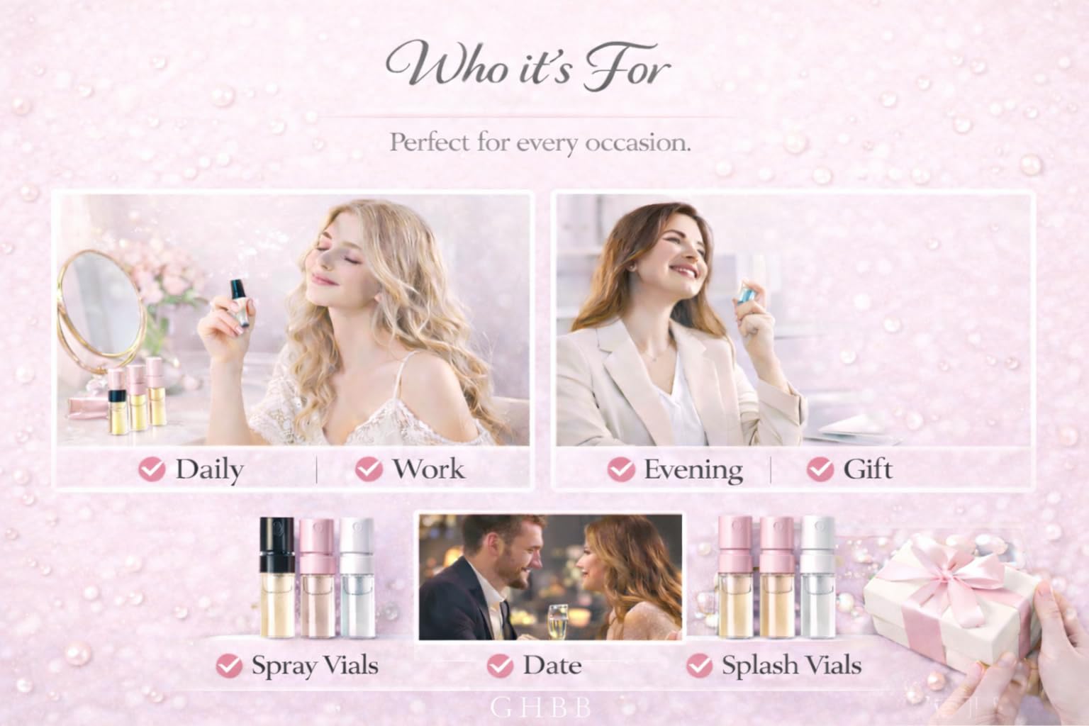 GHBB wedding or event favors with mini perfume vials.